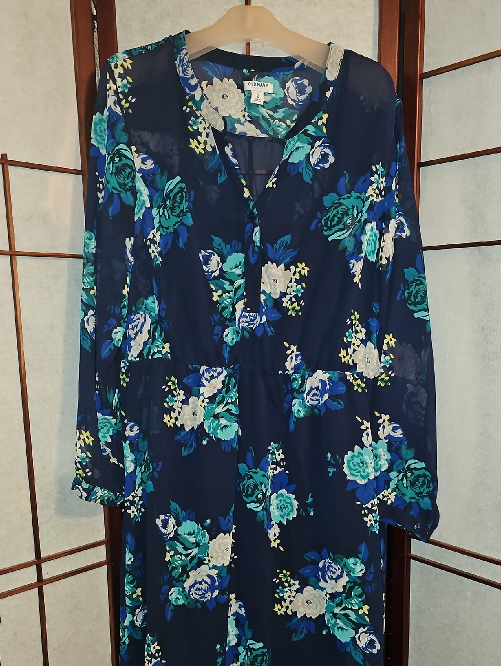 Old Navy Navy Floral Long-Sleeve Midi Dress